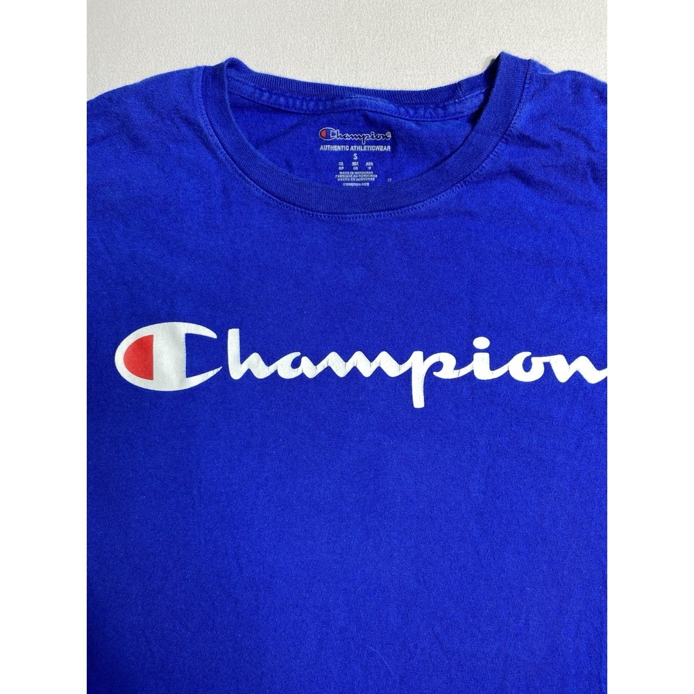 Champion Logo T Shirt Men's Small Blue Graphic Crew Neck Short Sleeve Tee - Picture 5 of 11
